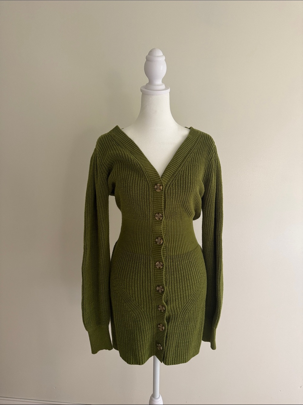 Forever 21 Olive Green Ribbed Button-Front Sweater Cardigan Dress